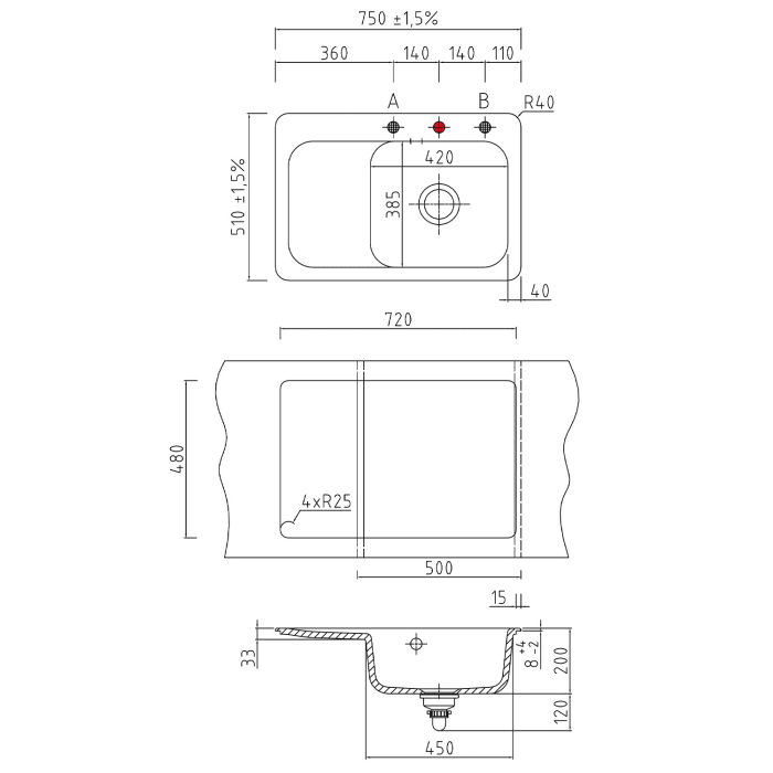 Systemceram Keradomo Juna 75 Einbauspüle rechts mit Excenterbetätigung, mit CLEANPLUS