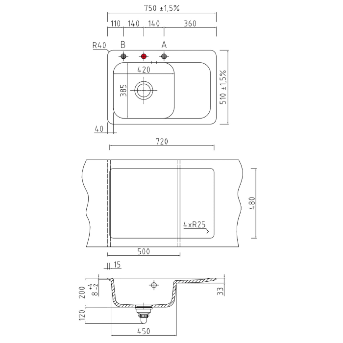 Systemceram Keradomo Juna 75 Einbauspüle links mit Handbetätigung, mit CLEANPLUS