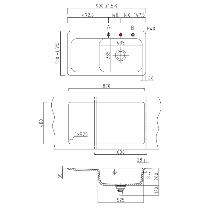 Systemceram Keradomo Juna 90 Einbauspüle rechts mit Excenterbetätigung, mit CLEANPLUS