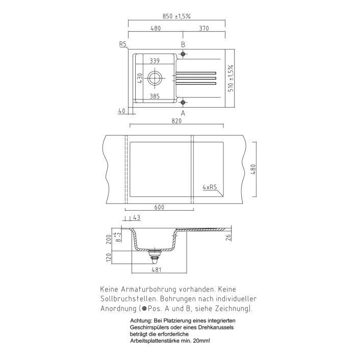 Systemceram Keradomo Kara 85 Einbauspüle mit Excenterbetätigung
