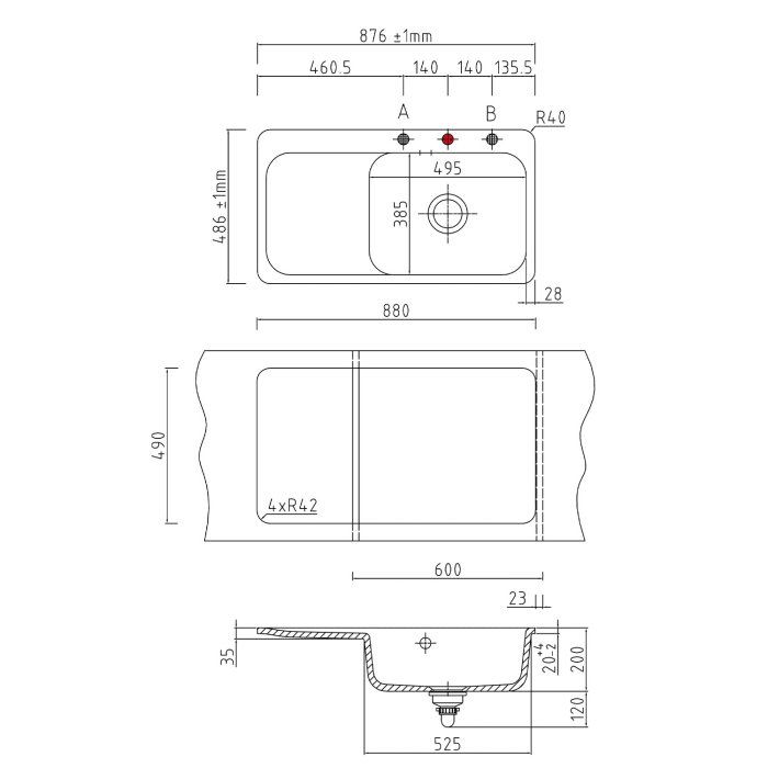 Systemceram Keradomo Juna 90 F Einbauspüle rechts für flächenbündigen Einbau mit Excenterbetätigung, mit CLEANPLUS