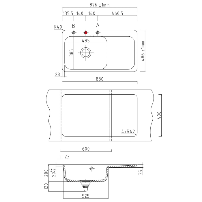 Systemceram Keradomo Juna 90 F Einbauspüle links für flächenbündigen Einbau mit Handbetätigung, mit CLEANPLUS