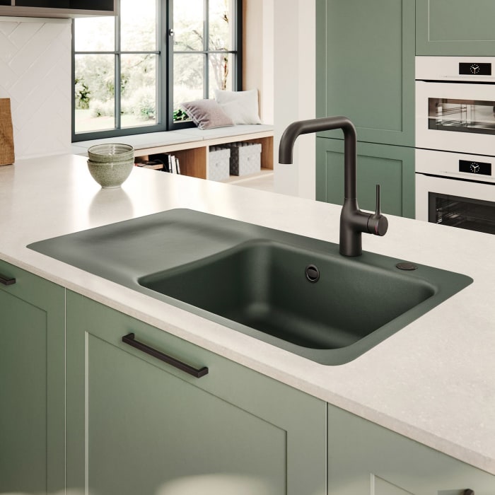 Systemceram Keradomo Juna 90 F Einbauspüle rechts für flächenbündigen Einbau mit Handbetätigung, mit CLEANPLUS