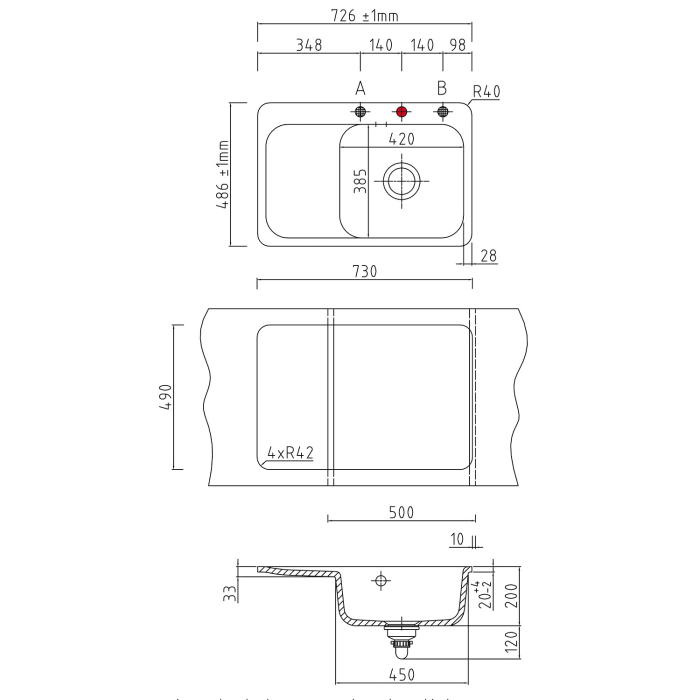 Systemceram Keradomo Juna 75 F Einbauspüle rechts für flächenbündigen Einbau mit Handbetätigung, mit CLEANPLUS