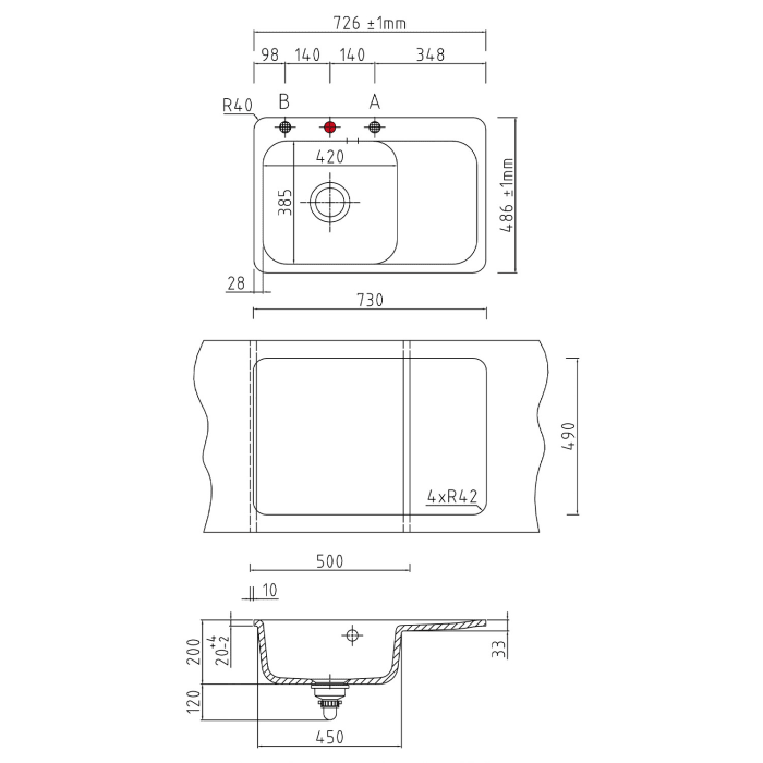 Systemceram Keradomo Juna 75 F Einbauspüle links für flächenbündigen Einbau mit Handbetätigung, mit CLEANPLUS