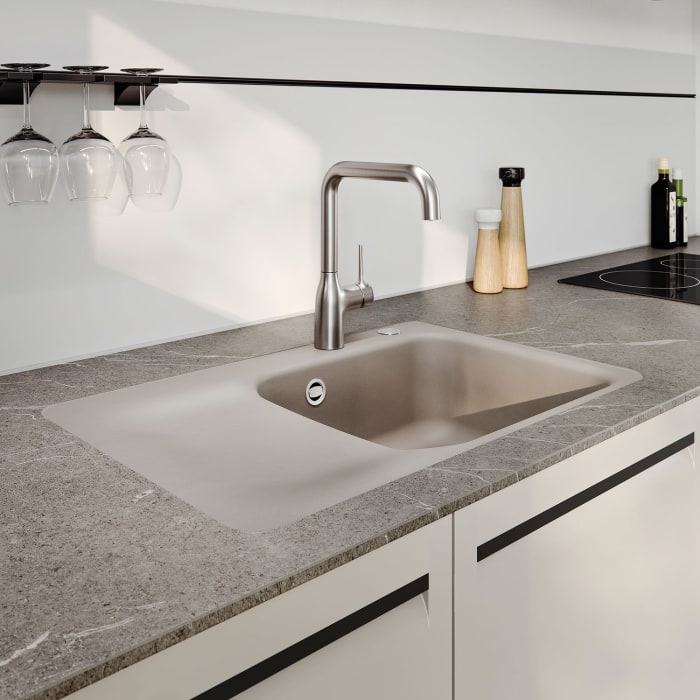 Systemceram Keradomo Juna 75 F Einbauspüle rechts für flächenbündigen Einbau mit Handbetätigung, mit CLEANPLUS