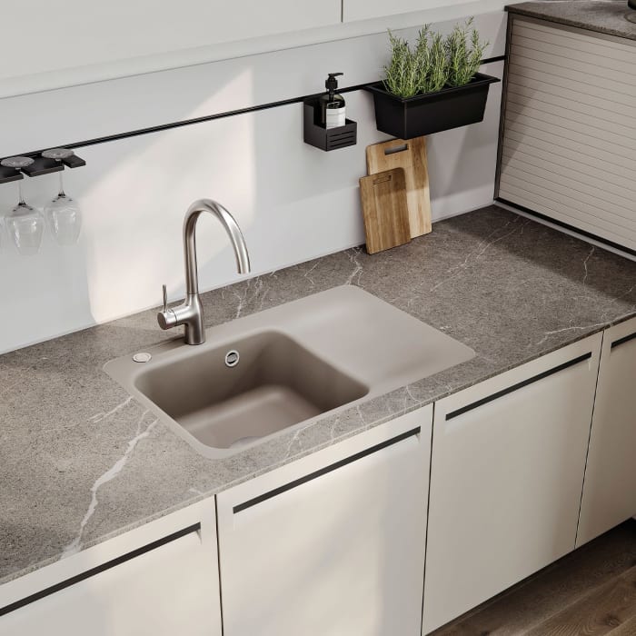 Systemceram Keradomo Juna 75 F Einbauspüle links für flächenbündigen Einbau mit Handbetätigung, mit CLEANPLUS