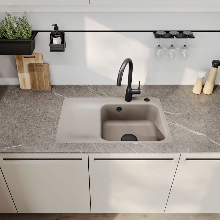 Systemceram Keradomo Juna 75 F Einbauspüle rechts für flächenbündigen Einbau mit Handbetätigung, mit CLEANPLUS