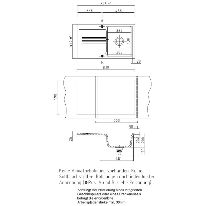 Systemceram Keradomo Kara 85 F Spüle für flächenbündigen Einbau mit Excenterbetätigung