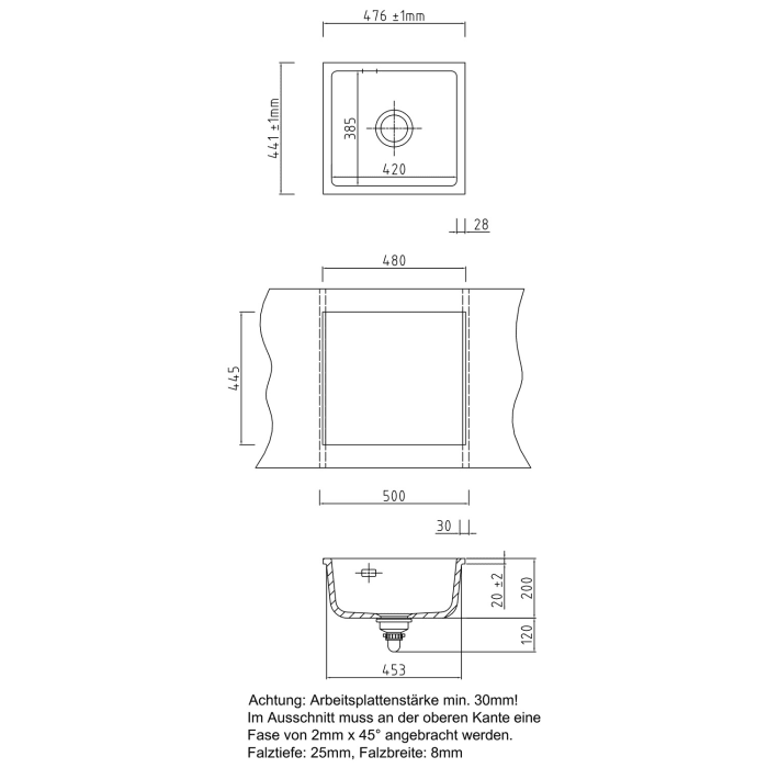 Systemceram Keradomo Mera 51 F/o Spüle für flächenbündigen Einbau mit Handbetätigung, ohne Hahnlochbohrung