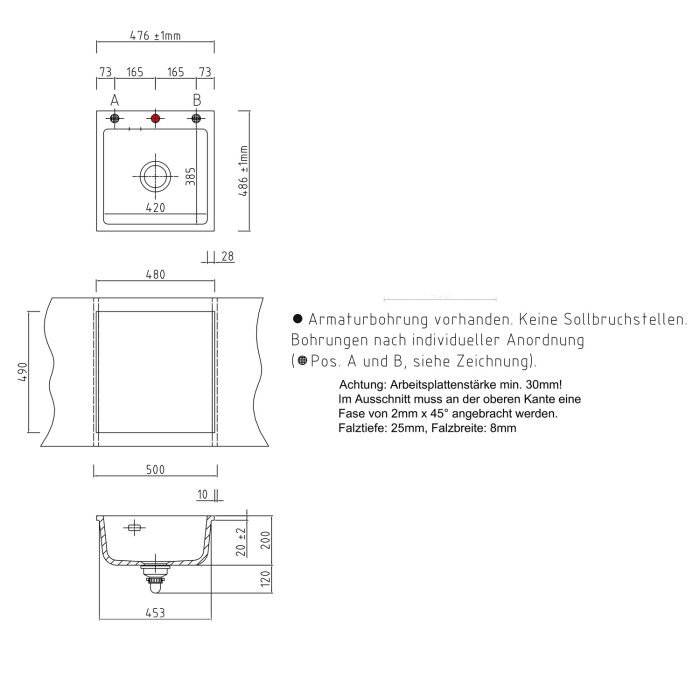 Systemceram Keradomo Mera 51 F Spüle für flächenbündigen Einbau mit Excenterbetätigung, inkl. Armaturbohrung