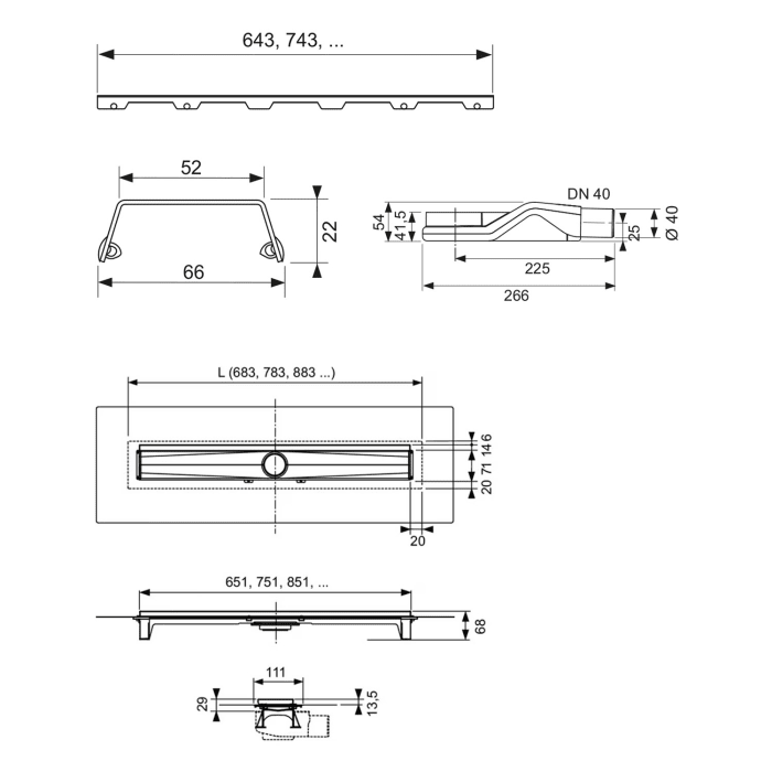 TECE TECEdrainline-Evo Komplettset 90 cm - Duschrinne mit gebürstetem Edelstahlrost und sehr flachem Ablauf