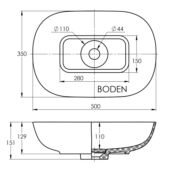 Treos Mineralguss Aufsatz-Waschbecken ohne Hahnloch 50 x 35 cm
