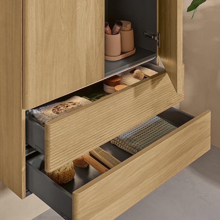 Villeroy & Boch Antao Highboard 81,4 x 103,9 cm, 2 Türen, Fronten mit Struktur, mit LED-Licht