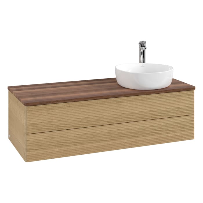 Villeroy & Boch Antao Waschbeckenunterschrank, 120 x 19 cm, 2 Auszüge, Fronten mit Struktur, mit Hahnloch, für Waschtisch rechts