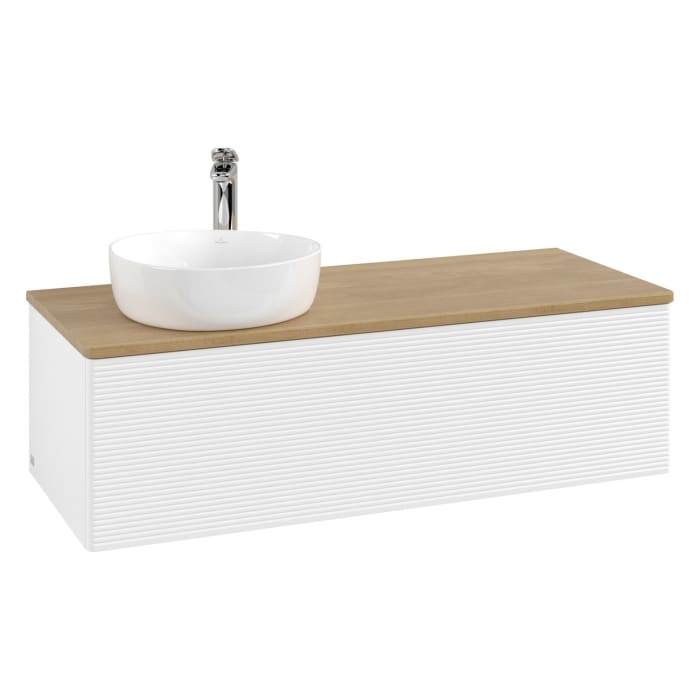 Villeroy & Boch Antao Waschbeckenunterschrank, 120 x 36 cm, 1 Auszug, Front mit Struktur, mit Hahnloch, für Waschtisch links