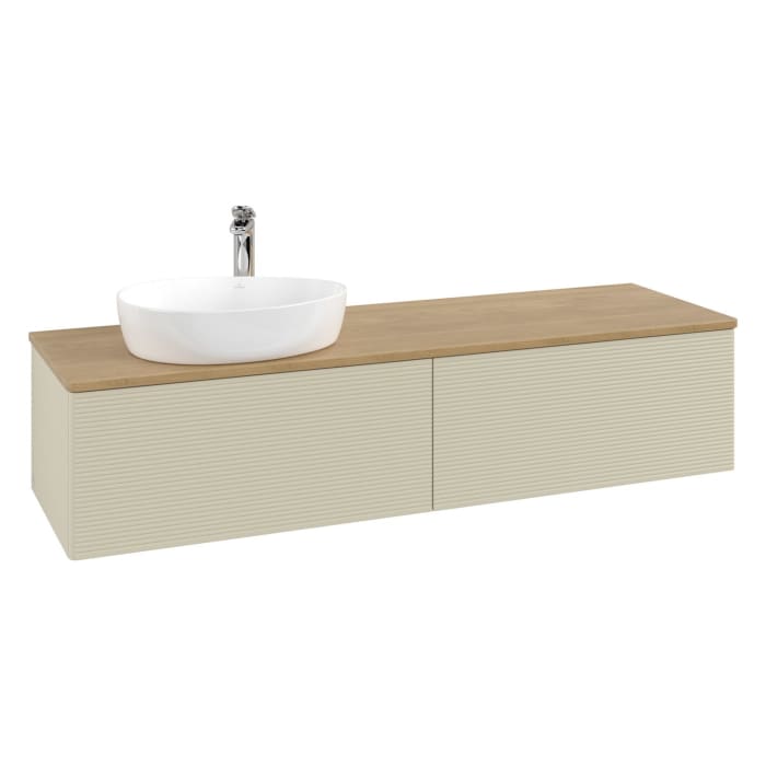 Villeroy & Boch Antao Waschbeckenunterschrank, 160 x 36 cm, 2 Auszüge, Front mit Struktur, mit Hahnloch, für Waschtisch links