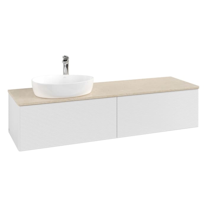 Villeroy & Boch Antao Waschbeckenunterschrank, 160 x 36 cm, 2 Auszüge, Front mit Struktur, mit Hahnloch, für Waschtisch links