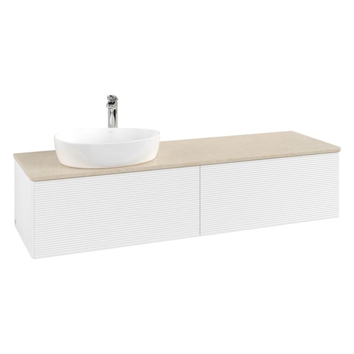 Villeroy & Boch Antao Waschbeckenunterschrank, 160 x 36 cm, 2 Auszüge, Front mit Struktur, mit Hahnloch, für Waschtisch links