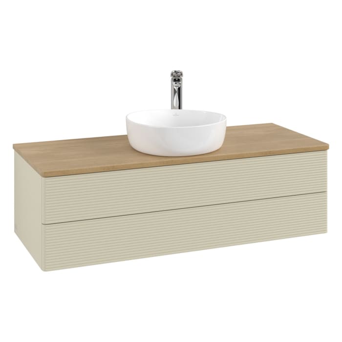 Villeroy & Boch Antao Waschbeckenunterschrank, 120 x 19 cm, 2 Auszüge, Fronten mit Struktur, mit Hahnloch, für Waschtisch mittig