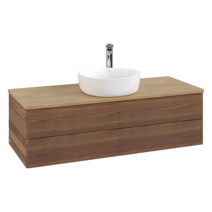 Villeroy & Boch Antao Waschbeckenunterschrank, 120 x 19 cm, 2 Auszüge, Fronten mit Struktur, mit Hahnloch, für Waschtisch mittig