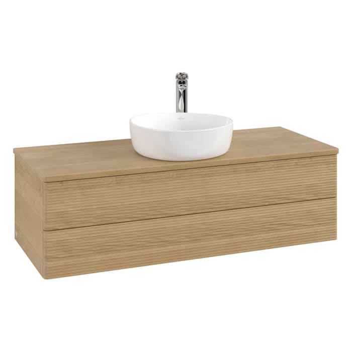 Villeroy & Boch Antao Waschbeckenunterschrank, 120 x 19 cm, 2 Auszüge, Fronten mit Struktur, mit Hahnloch, für Waschtisch mittig