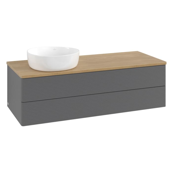 Villeroy & Boch Antao Waschbeckenunterschrank, 120 x 19 cm, 2 Auszüge, Fronten mit Struktur, ohne Hahnloch, für Waschtisch links