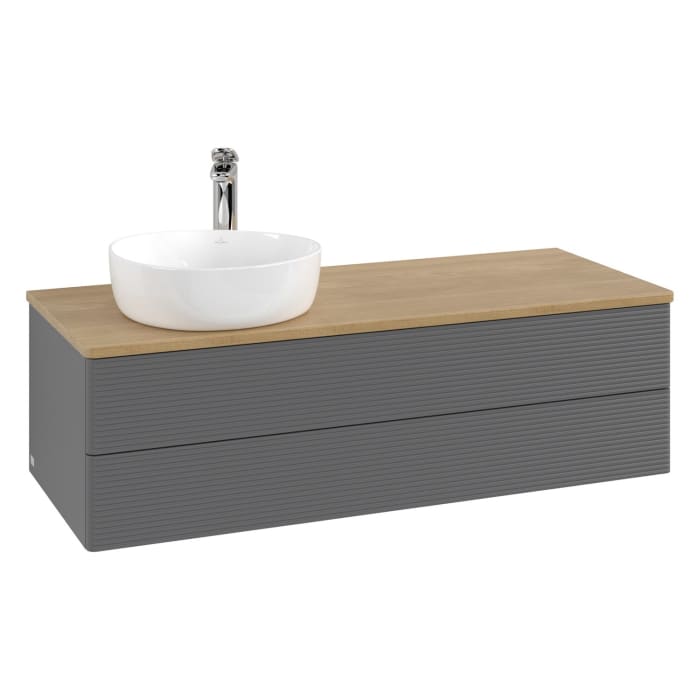 Villeroy & Boch Antao Waschbeckenunterschrank, 120 x 19 cm, 2 Auszüge, Fronten mit Struktur, mit Hahnloch, für Waschtisch links