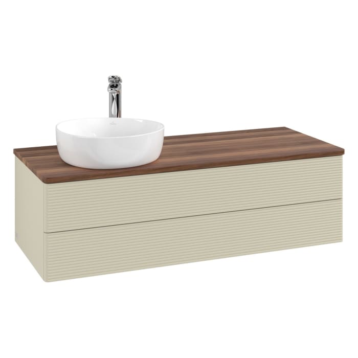 Villeroy & Boch Antao Waschbeckenunterschrank, 120 x 19 cm, 2 Auszüge, Fronten mit Struktur, mit Hahnloch, für Waschtisch links