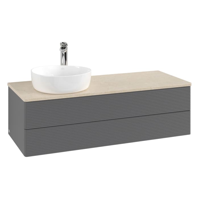 Villeroy & Boch Antao Waschbeckenunterschrank, 120 x 19 cm, 2 Auszüge, Fronten mit Struktur, mit Hahnloch, für Waschtisch links