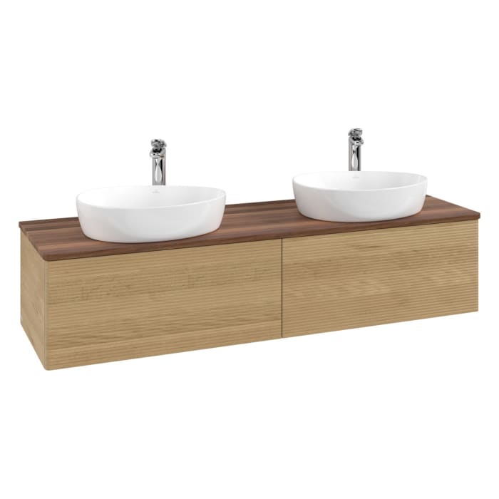 Villeroy & Boch Antao Waschbeckenunterschrank, 160 x 36 cm, 2 Auszüge, Front mit Struktur, mit Hahnloch, für Waschtisch links und rechts