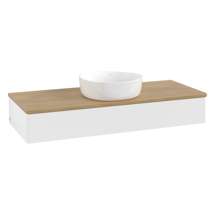Villeroy & Boch Antao Waschbeckenunterschrank, 120 x 19 cm, 1 Auszug mit LED-Licht, Front ohne Struktur, ohne Hahnloch, für Waschtisch mittig