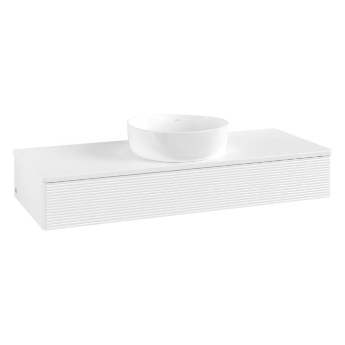 Villeroy & Boch Antao Waschbeckenunterschrank, 120 x 19 cm, 1 Auszug mit LED-Licht, Front mit Struktur, ohne Hahnloch, für Waschtisch mittig