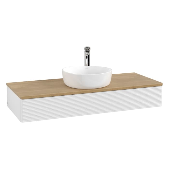 Villeroy & Boch Antao Waschbeckenunterschrank, 120 x 19 cm, 1 Auszug mit LED-Licht, Front mit Struktur, mit Hahnloch, für Waschtisch mittig
