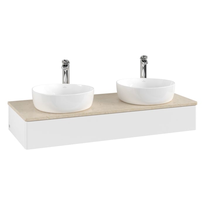 Villeroy & Boch Antao Waschbeckenunterschrank, 120 x 19 cm, 1 Auszug mit LED-Licht, Front ohne Struktur, mit Hahnloch, für Waschtisch links und rechts