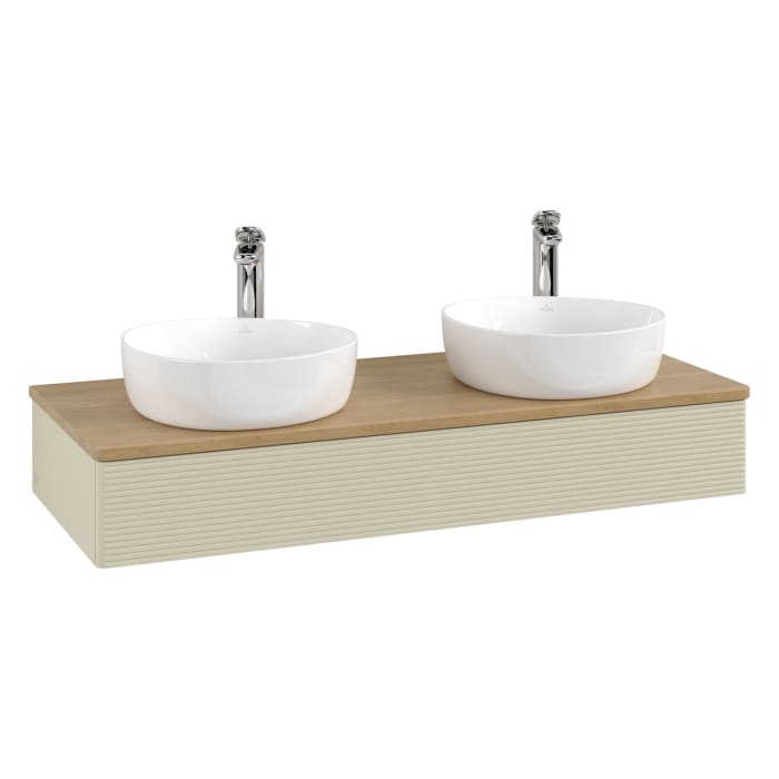 Villeroy & Boch Antao Waschbeckenunterschrank, 120 x 19 cm, 1 Auszug mit LED-Licht, Front mit Struktur, mit Hahnloch, für Waschtisch links und rechts