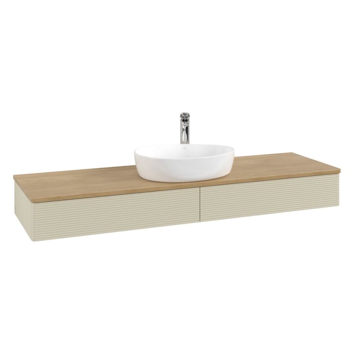 Villeroy & Boch Antao Waschbeckenunterschrank, 160 x 19 cm, 2 Auszüge mit LED-Licht, Front mit Struktur, mit Hahnloch, für Waschtisch mittig