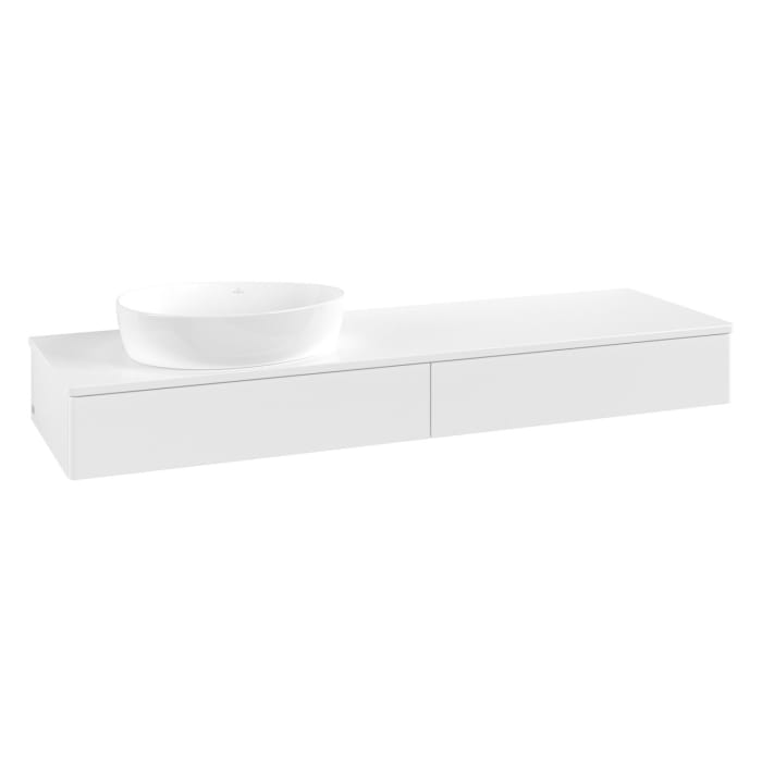 Villeroy & Boch Antao Waschbeckenunterschrank, 160 x 19 cm, 2 Auszüge mit LED-Licht, Front ohne Struktur, mit Hahnloch, für Waschtisch links