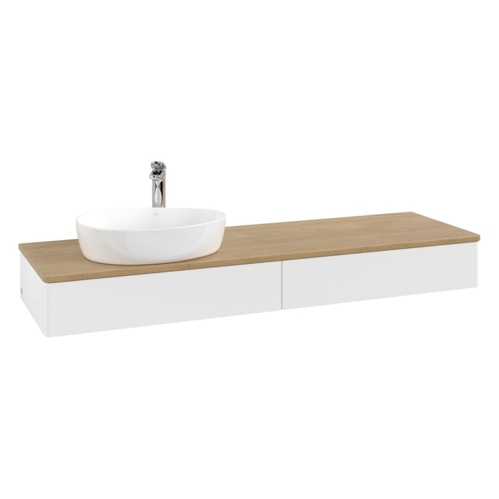Villeroy & Boch Antao Waschbeckenunterschrank, 160 x 19 cm, 2 Auszüge mit LED-Licht, Front ohne Struktur, mit Hahnloch, für Waschtisch links
