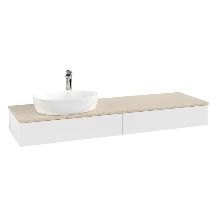 Villeroy & Boch Antao Waschbeckenunterschrank, 160 x 19 cm, 2 Auszüge mit LED-Licht, Front ohne Struktur, mit Hahnloch, für Waschtisch links