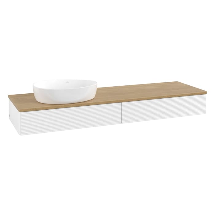 Villeroy & Boch Antao Waschbeckenunterschrank, 160 x 19 cm, 2 Auszüge mit LED-Licht, Front mit Struktur, ohne Hahnloch, für Waschtisch links