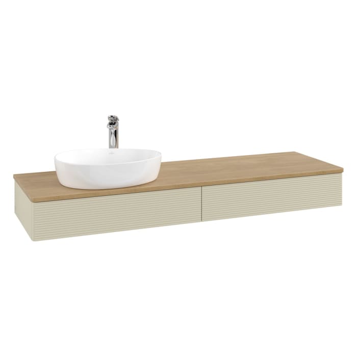 Villeroy & Boch Antao Waschbeckenunterschrank, 160 x 19 cm, 2 Auszüge mit LED-Licht, Front mit Struktur, mit Hahnloch, für Waschtisch links