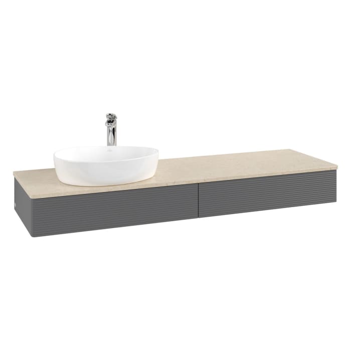 Villeroy & Boch Antao Waschbeckenunterschrank, 160 x 19 cm, 2 Auszüge mit LED-Licht, Front mit Struktur, mit Hahnloch, für Waschtisch links