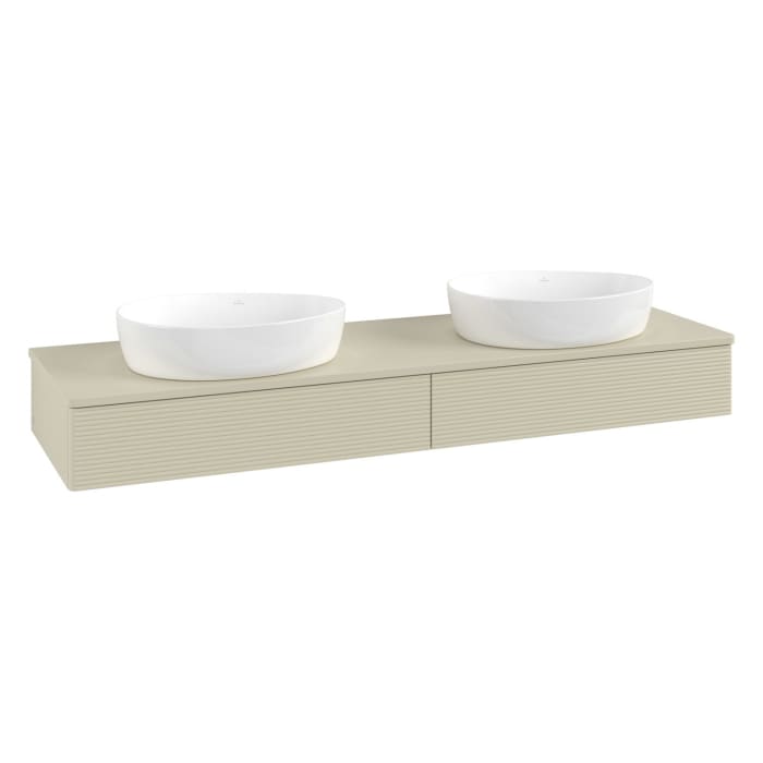 Villeroy & Boch Antao Waschbeckenunterschrank, 160 x 19 cm, 2 Auszüge mit LED-Licht, Front mit Struktur, mit Hahnloch, für Waschtisch links und rechts