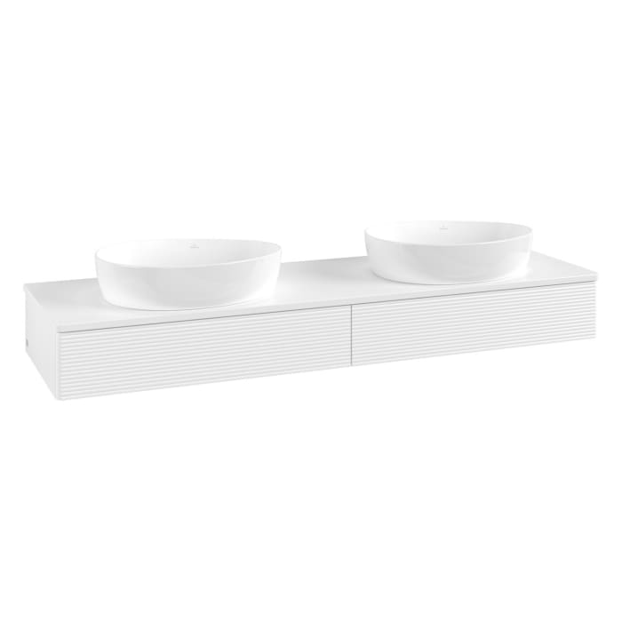 Villeroy & Boch Antao Waschbeckenunterschrank, 160 x 19 cm, 2 Auszüge mit LED-Licht, Front mit Struktur, mit Hahnloch, für Waschtisch links und rechts