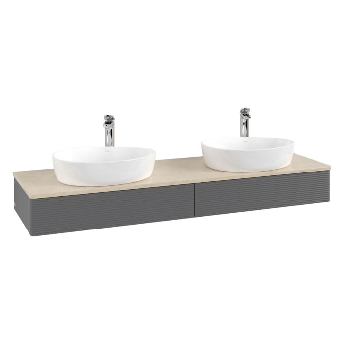Villeroy & Boch Antao Waschbeckenunterschrank, 160 x 19 cm, 2 Auszüge mit LED-Licht, Front mit Struktur, mit Hahnloch, für Waschtisch links und rechts
