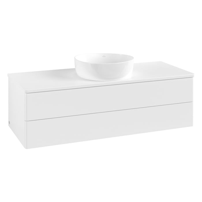 Villeroy & Boch Antao Waschbeckenunterschrank, 120 x 36 cm, 2 Auszüge mit LED-Licht, Front ohne Struktur, mit Hahnloch, für Waschtisch mittig