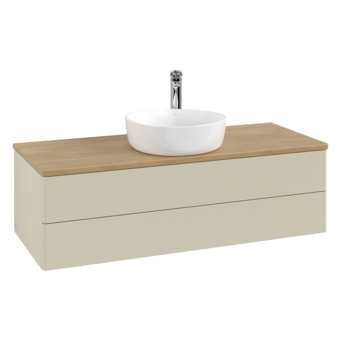 Villeroy & Boch Antao Waschbeckenunterschrank, 120 x 36 cm, 2 Auszüge mit LED-Licht, Front ohne Struktur, mit Hahnloch, für Waschtisch mittig