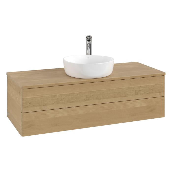 Villeroy & Boch Antao Waschbeckenunterschrank, 120 x 36 cm, 2 Auszüge mit LED-Licht, Front ohne Struktur, mit Hahnloch, für Waschtisch mittig