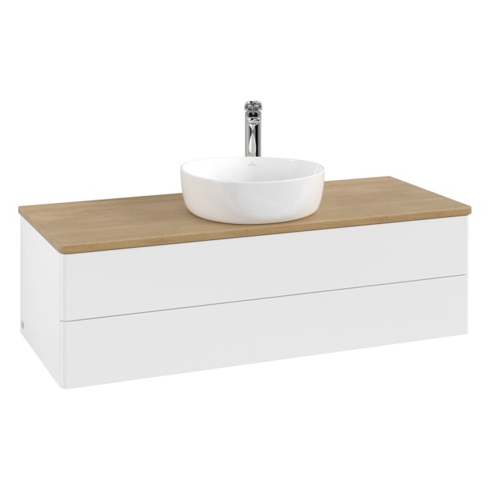 Villeroy & Boch Antao Waschbeckenunterschrank, 120 x 36 cm, 2 Auszüge mit LED-Licht, Front ohne Struktur, mit Hahnloch, für Waschtisch mittig